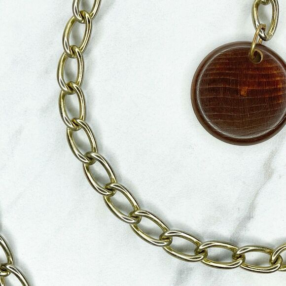 Gold Tone Chain Link Belt Wood Charm Y2K Festival XS/Small (XS/S) ✨ - Picture 5 of 12